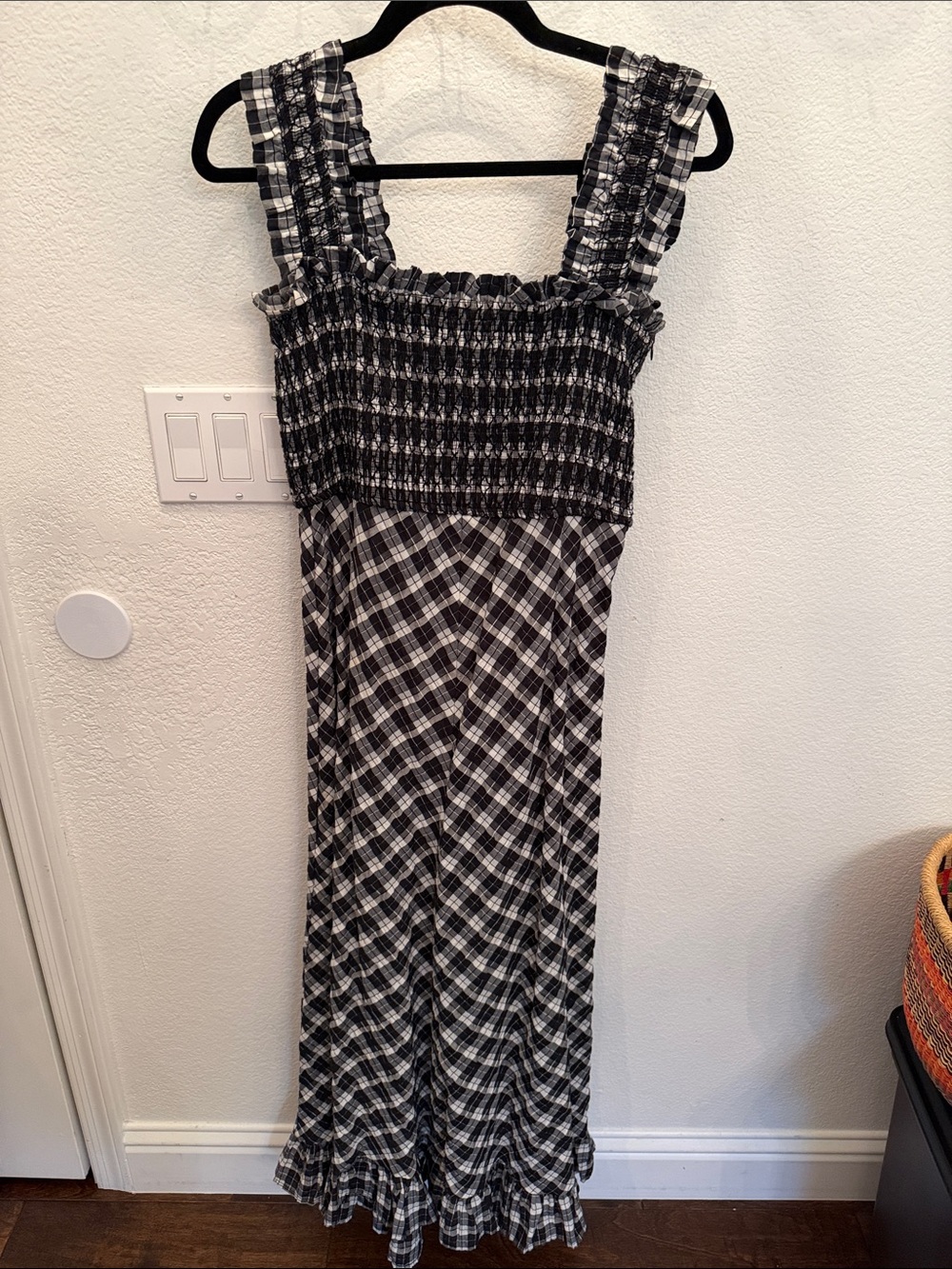 Ganni Black and White Plaid Smocked Maxi Dress
